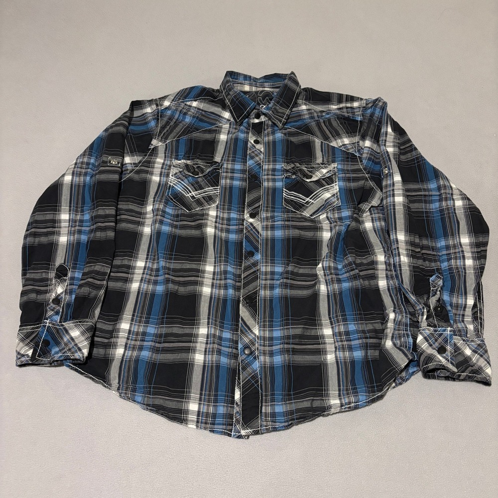 Warehouse One Mens XL Blue Black Plaid Western Snap Button Shirt Casual‎